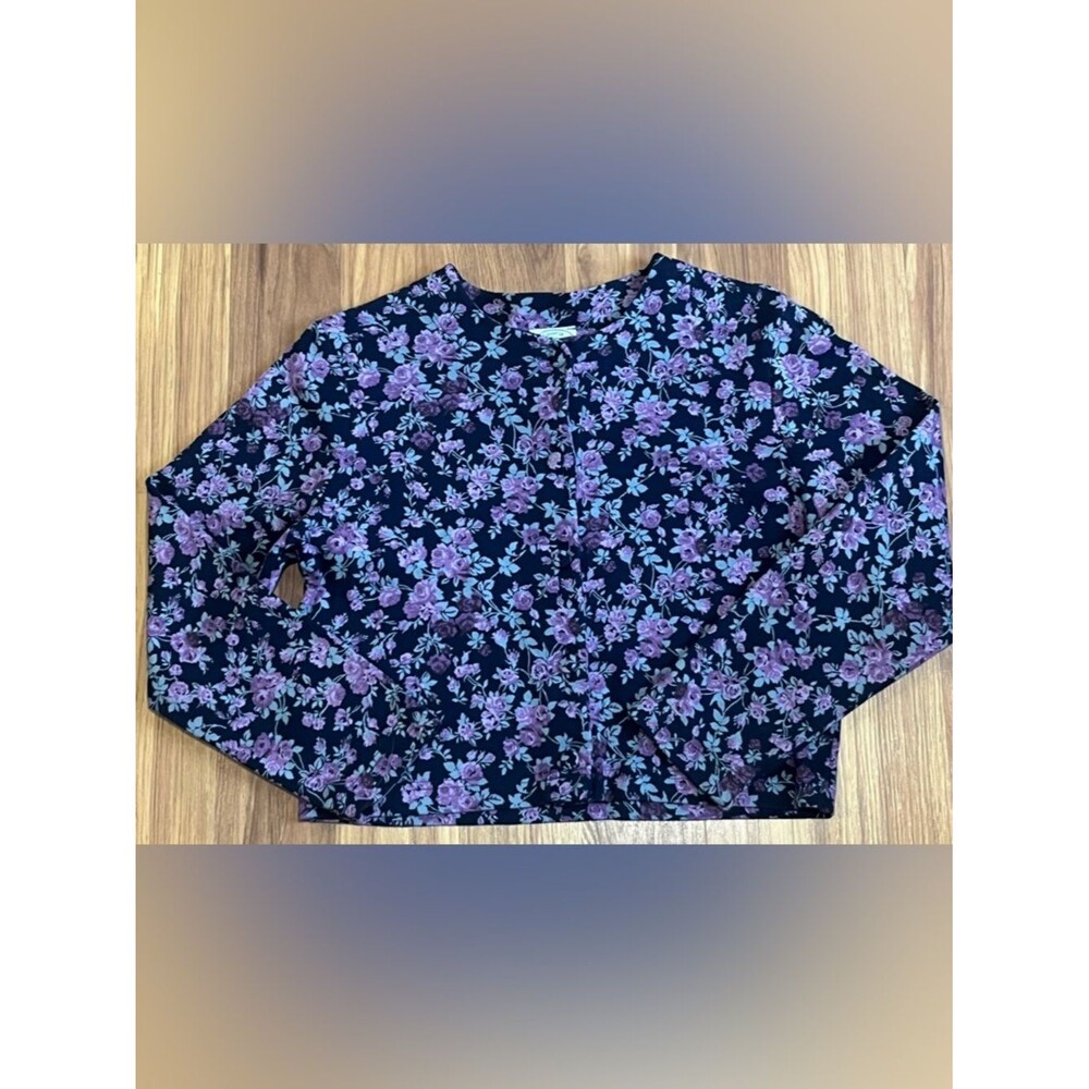 Rare Vintage Laura Ashley 100% Cotton Cardigan Portugal 90s Navy Purple Floral